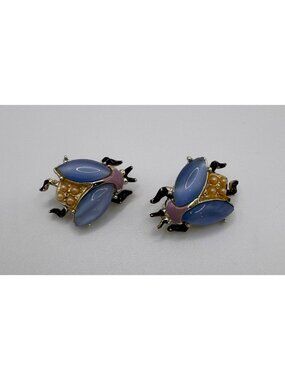 Vintage Glass Moon Glow Beetle Bug Scatter Pins Gold Enamel Figural Pair